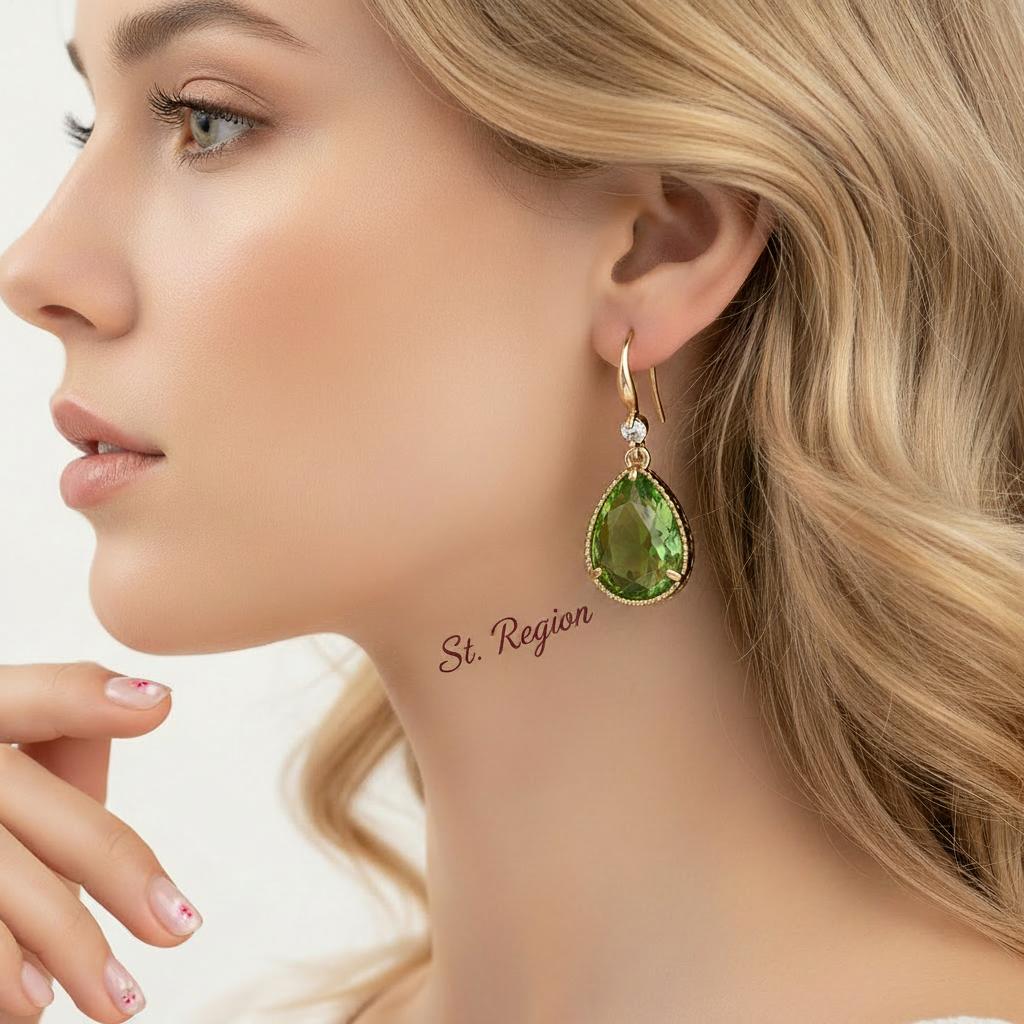 Green Crystal and Cubic Zirconia Goldtone Teardrop Hook Earrings, gold drop earrings for women, styled look