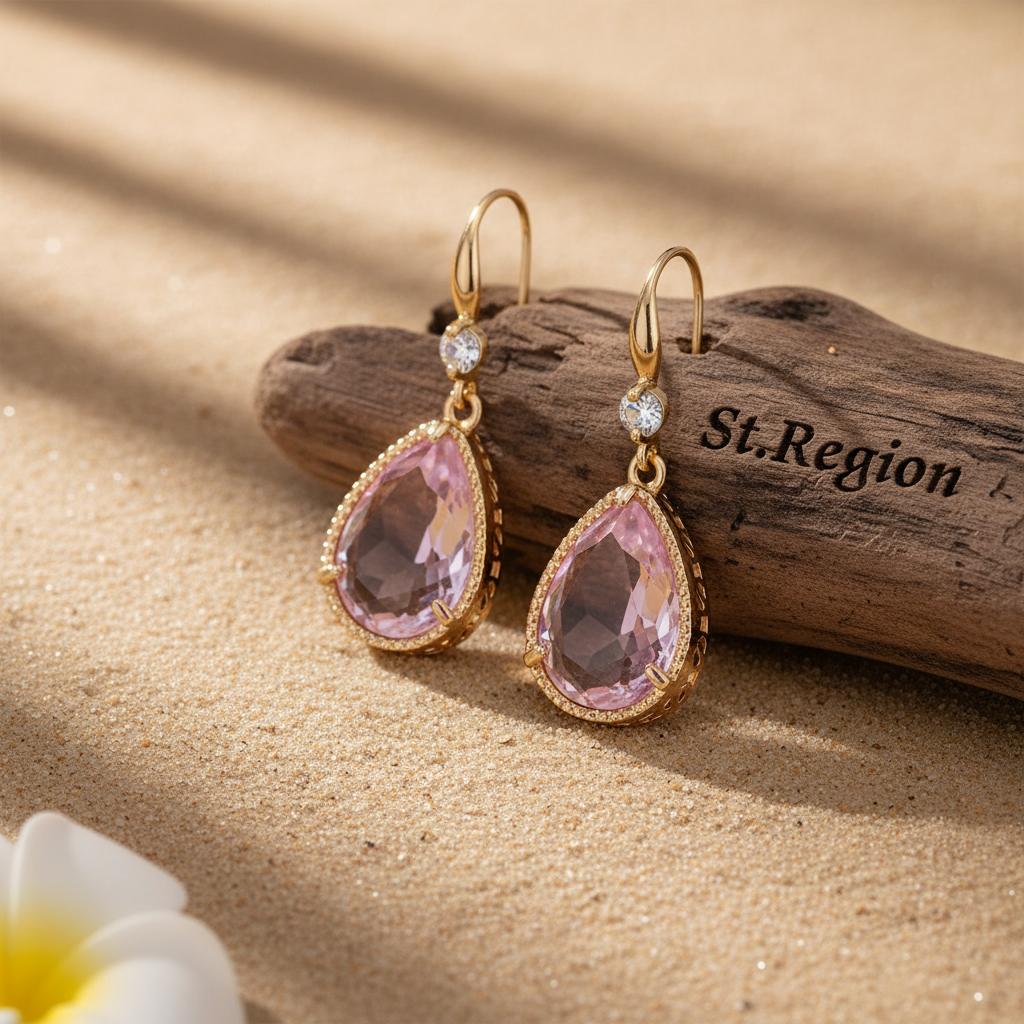 Pink Crystal and Cubic Zirconia Goldtone Teardrop Hook Earrings, gold drop earrings for women, front view