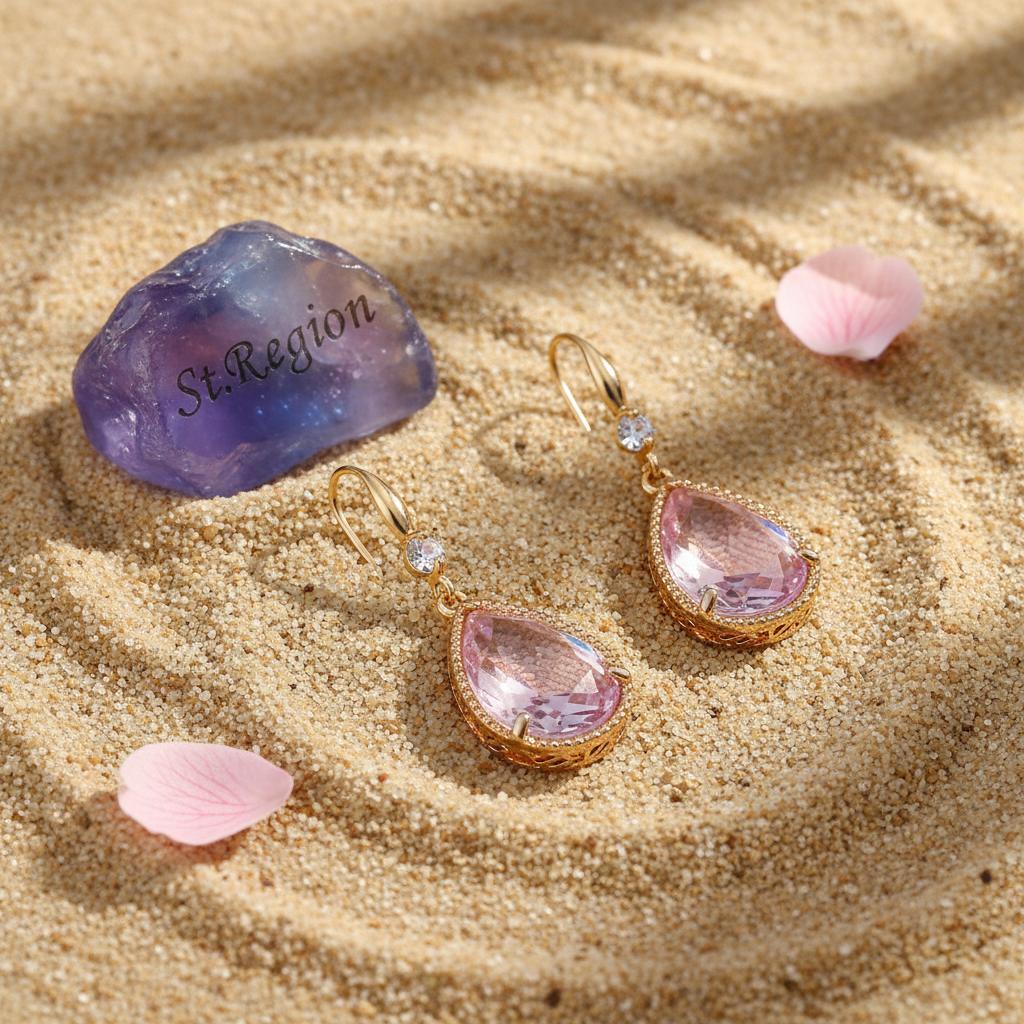 Pink Crystal and Cubic Zirconia Goldtone Teardrop Hook Earrings, gold drop earrings for women, detail close-up