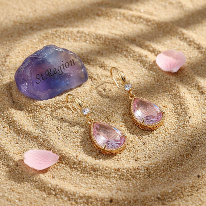 Pink Crystal and Cubic Zirconia Goldtone Teardrop Hook Earrings, gold drop earrings for women, detail close-up