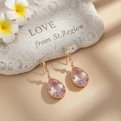 Pink Crystal and Cubic Zirconia Goldtone Teardrop Hook Earrings, gold drop earrings for women, lifestyle look