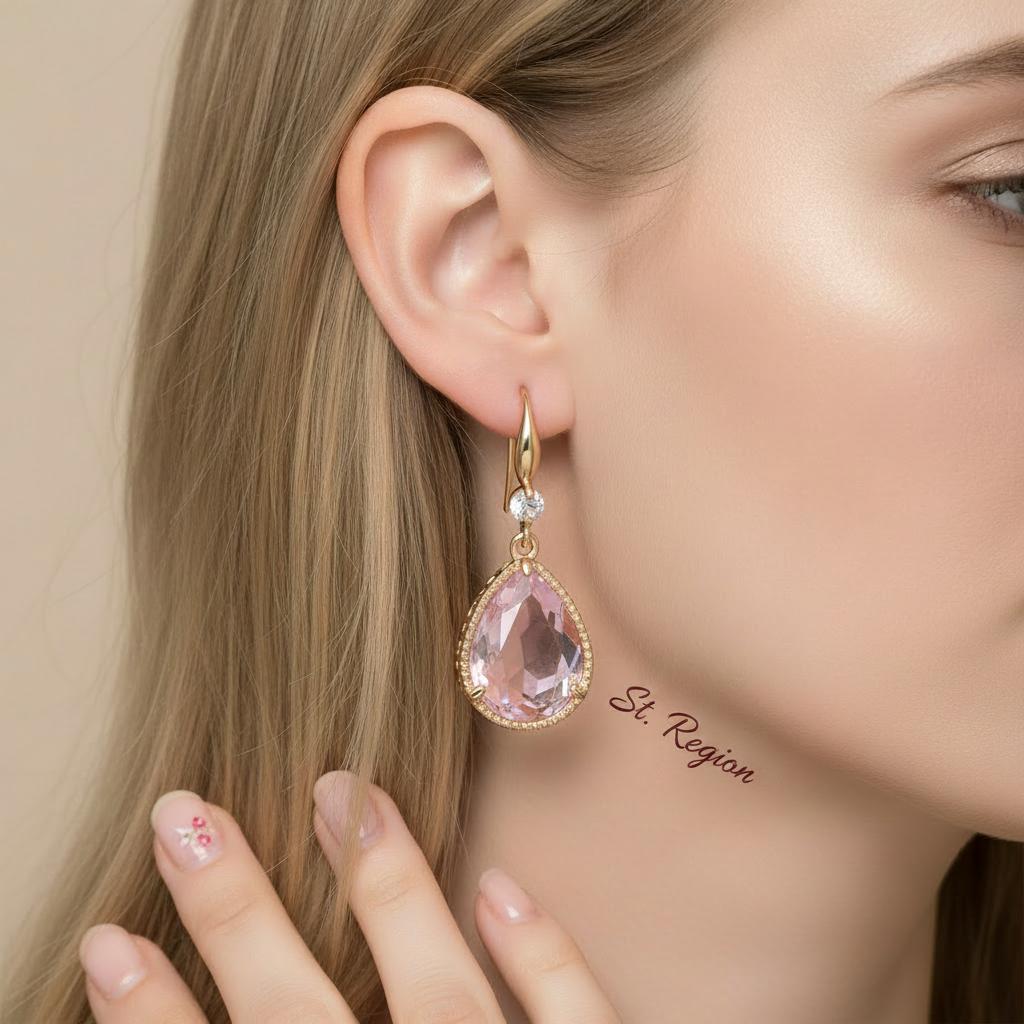 Pink Crystal and Cubic Zirconia Goldtone Teardrop Hook Earrings, gold drop earrings for women, styled look