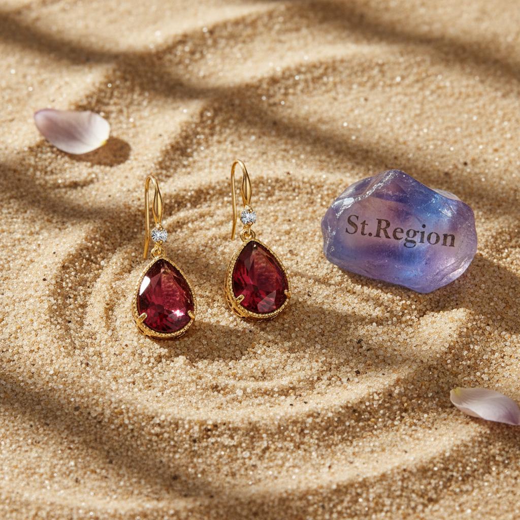 Red Crystal and Cubic Zirconia Goldtone Teardrop Hook Earrings, gold drop earrings for women, detail close-up