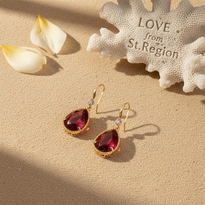 Red Crystal and Cubic Zirconia Goldtone Teardrop Hook Earrings, gold drop earrings for women, lifestyle look
