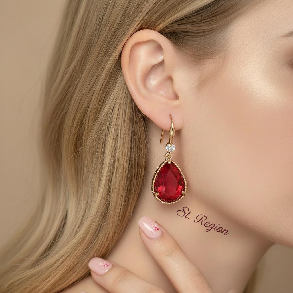 Red Crystal and Cubic Zirconia Goldtone Teardrop Hook Earrings, gold drop earrings for women, styled look