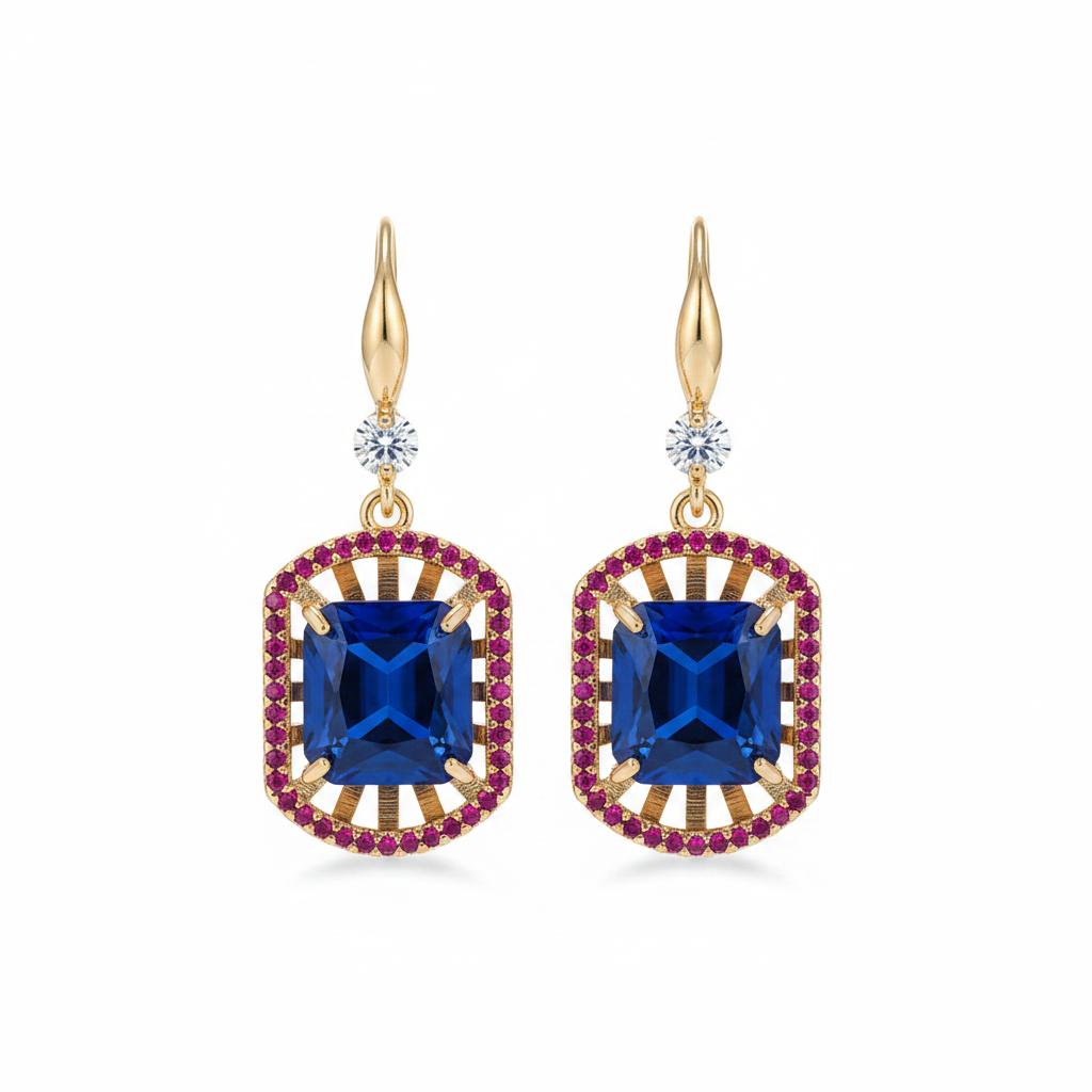 Blue Crystal and Cubic Zirconia Goldtone Sunburst Spokes Hook Earrings, gold drop earrings for women, side view
