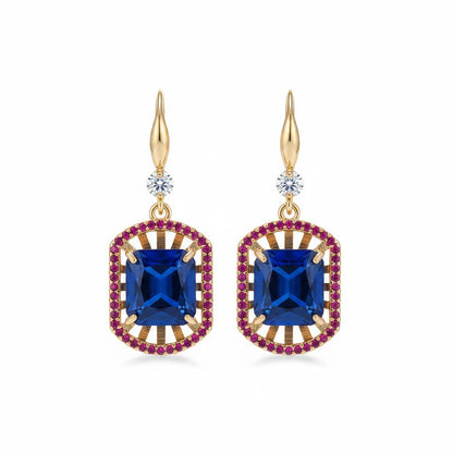 Blue Crystal and Cubic Zirconia Goldtone Sunburst Spokes Hook Earrings, gold drop earrings for women, side view