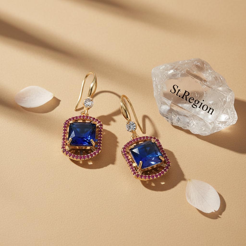 Blue Crystal and Cubic Zirconia Goldtone Sunburst Spokes Hook Earrings, gold drop earrings for women, detail close-up
