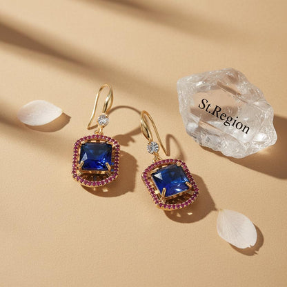 Blue Crystal and Cubic Zirconia Goldtone Sunburst Spokes Hook Earrings, gold drop earrings for women, detail close-up