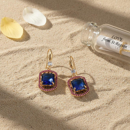 Blue Crystal and Cubic Zirconia Goldtone Sunburst Spokes Hook Earrings, gold drop earrings for women, lifestyle look