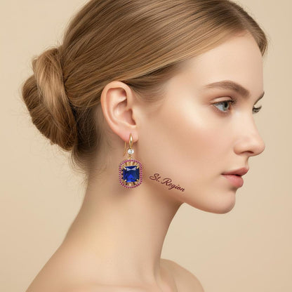 Blue Crystal and Cubic Zirconia Goldtone Sunburst Spokes Hook Earrings, gold drop earrings for women, styled look