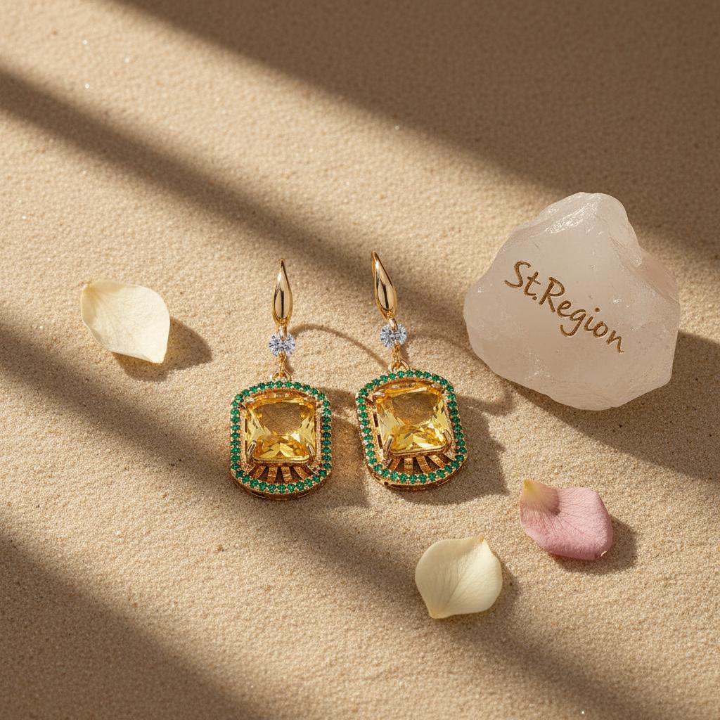 Yellow Crystal and Cubic Zirconia Goldtone Sunburst Spokes Hook Earrings, gold drop earrings for women, detail close-up