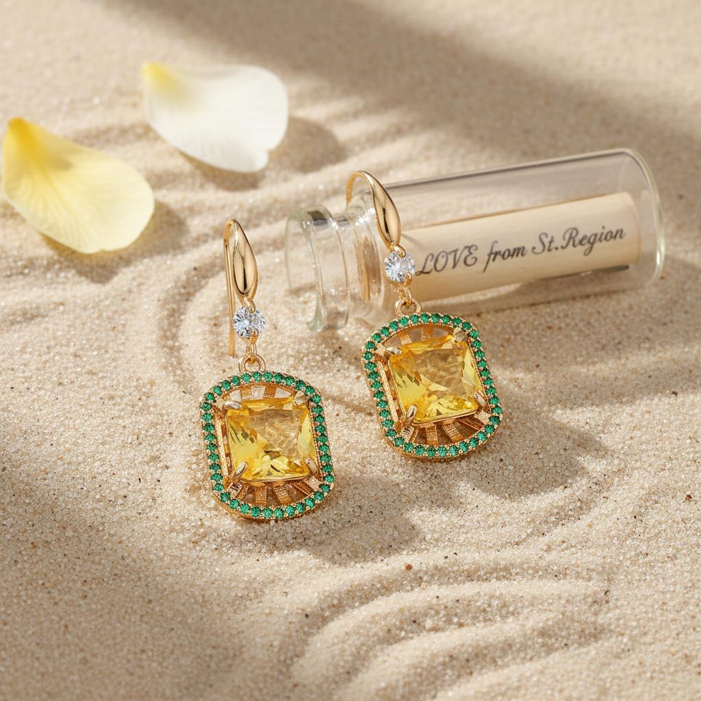 Yellow Crystal and Cubic Zirconia Goldtone Sunburst Spokes Hook Earrings, gold drop earrings for women, lifestyle look