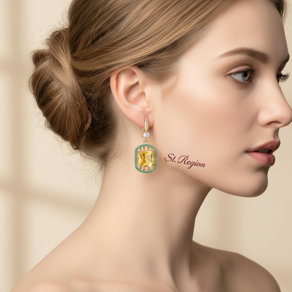 Yellow Crystal and Cubic Zirconia Goldtone Sunburst Spokes Hook Earrings, gold drop earrings for women, styled look