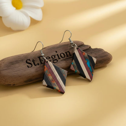Multi-Colored Resin and Wood Silvertone Striped Diamond Hook Earrings, silver drop earrings for women, front view