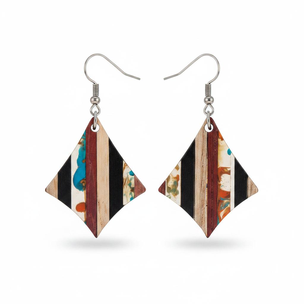 Multi-Colored Resin and Wood Silvertone Striped Diamond Hook Earrings, silver drop earrings for women, side view