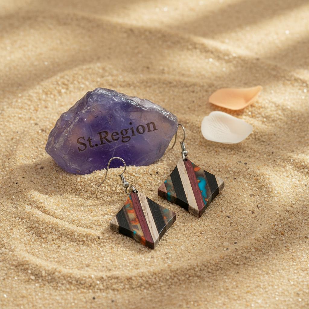 Multi-Colored Resin and Wood Silvertone Striped Diamond Hook Earrings, silver drop earrings for women, detail close-up