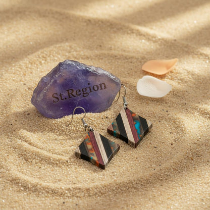 Multi-Colored Resin and Wood Silvertone Striped Diamond Hook Earrings, silver drop earrings for women, detail close-up