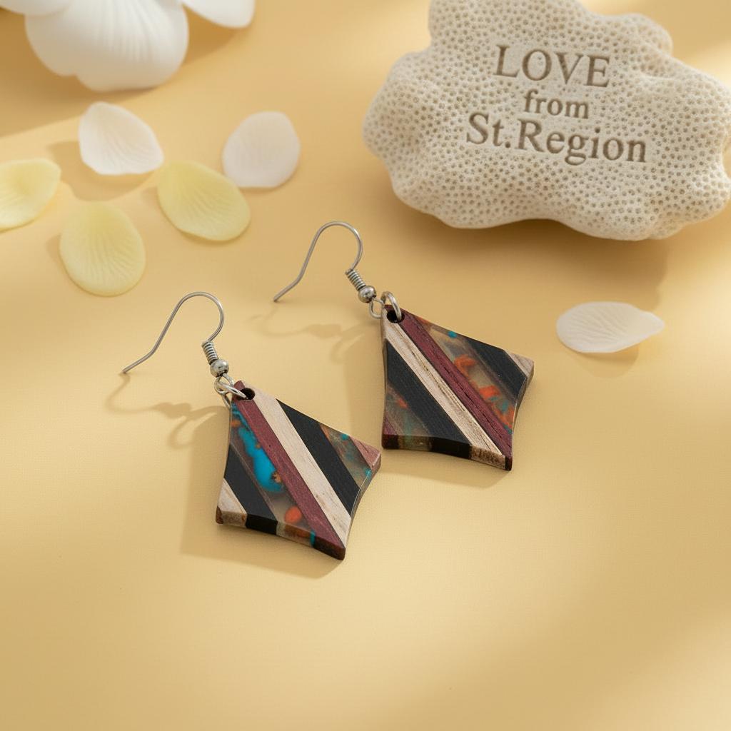 Multi-Colored Resin and Wood Silvertone Striped Diamond Hook Earrings, silver drop earrings for women, lifestyle look