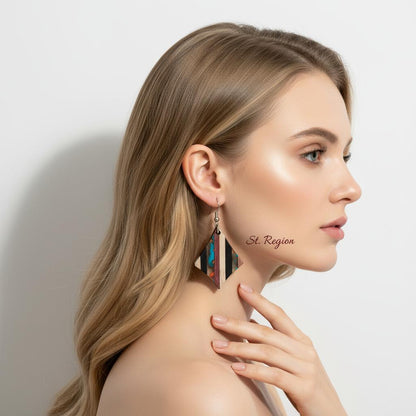 Multi-Colored Resin and Wood Silvertone Striped Diamond Hook Earrings, silver drop earrings for women, styled look