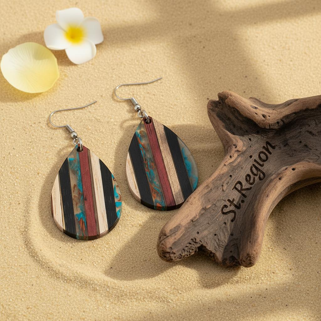 Multi-Colored Resin and Wood Silvertone Striped Teardrop Hook Earrings, silver drop earrings for women, front view