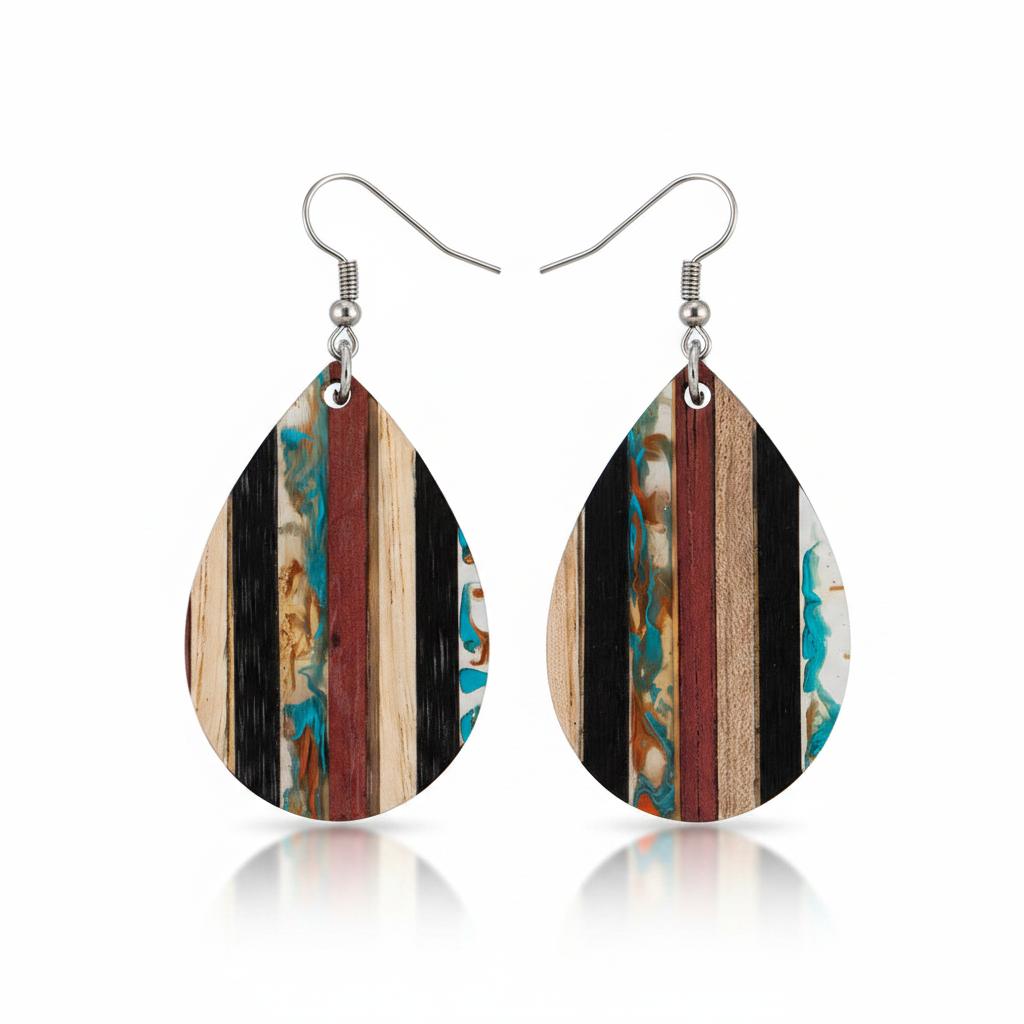 Multi-Colored Resin and Wood Silvertone Striped Teardrop Hook Earrings, silver drop earrings for women, side view