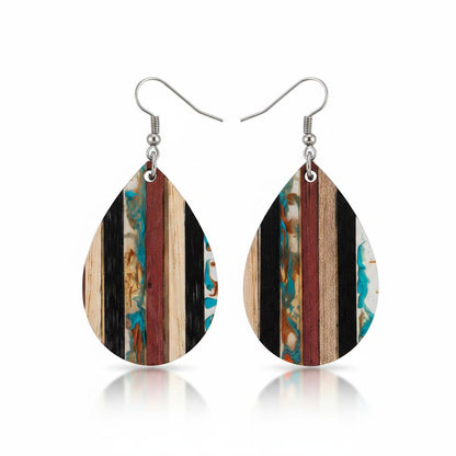 Multi-Colored Resin and Wood Silvertone Striped Teardrop Hook Earrings, silver drop earrings for women, side view