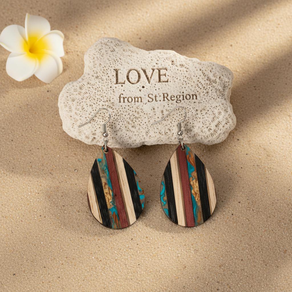 Multi-Colored Resin and Wood Silvertone Striped Teardrop Hook Earrings, silver drop earrings for women, lifestyle look