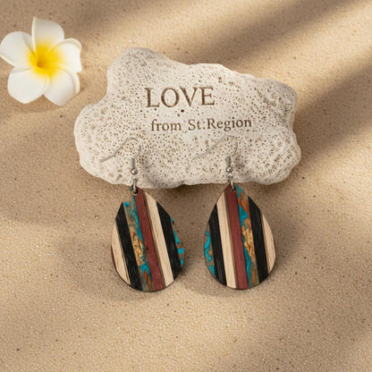 Multi-Colored Resin and Wood Silvertone Striped Teardrop Hook Earrings, silver drop earrings for women, lifestyle look