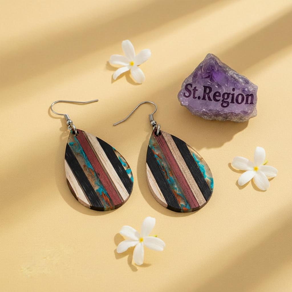 Multi-Colored Resin and Wood Silvertone Striped Teardrop Hook Earrings, silver drop earrings for women, detail close-up