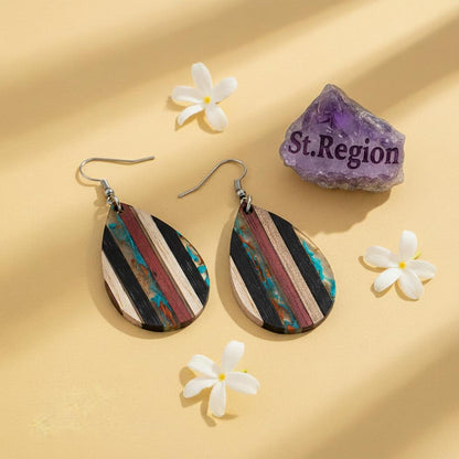 Multi-Colored Resin and Wood Silvertone Striped Teardrop Hook Earrings, silver drop earrings for women, detail close-up