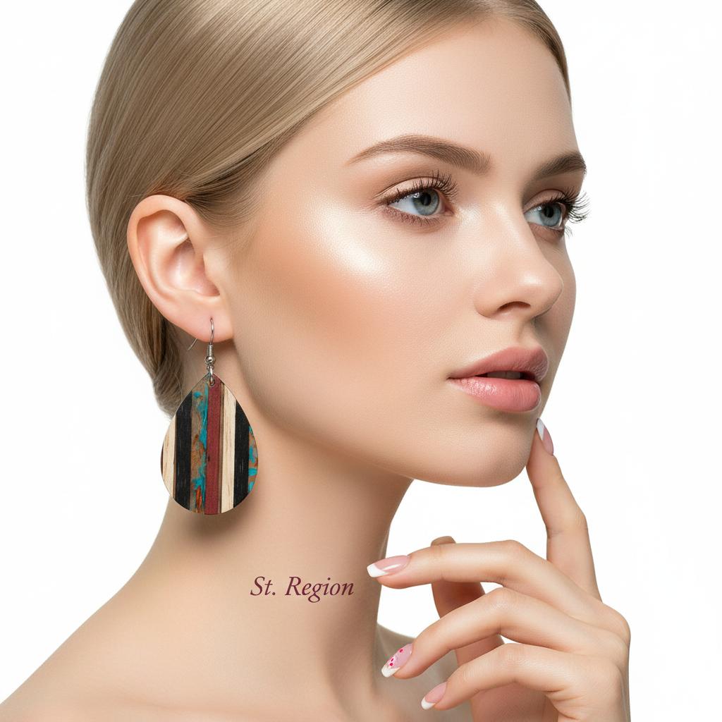 Multi-Colored Resin and Wood Silvertone Striped Teardrop Hook Earrings, silver drop earrings for women, styled look
