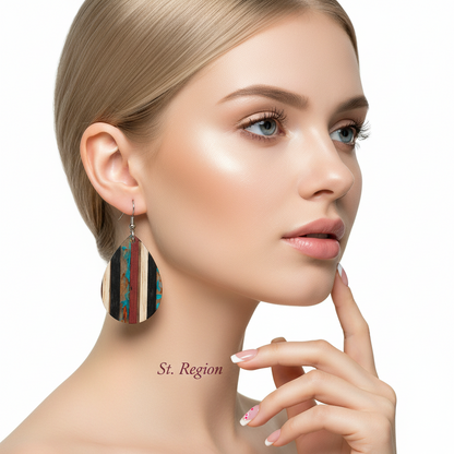 Multi-Colored Resin & Wood Silvertone Striped Teardrop Hook Earrings - Street Region