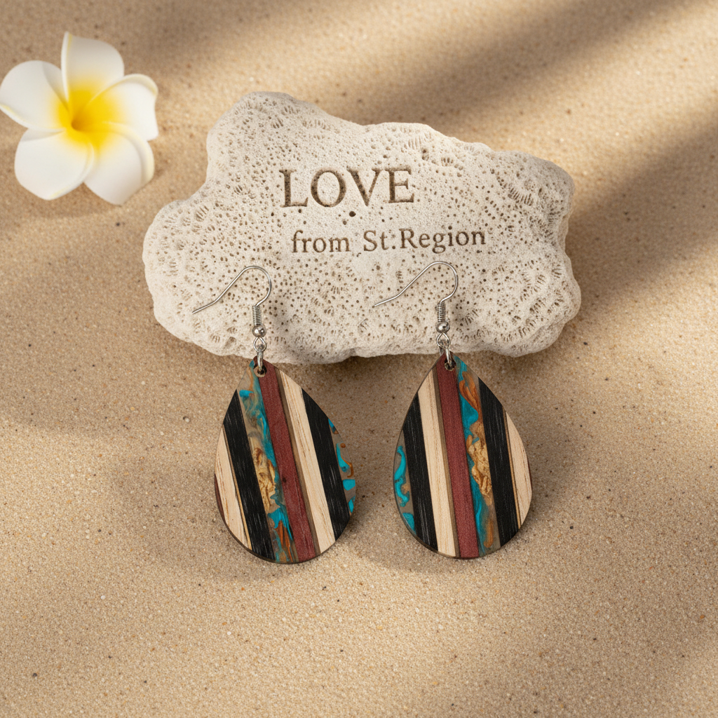 Multi-Colored Resin & Wood Silvertone Striped Teardrop Hook Earrings - Street Region