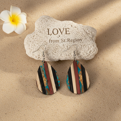 Multi-Colored Resin & Wood Silvertone Striped Teardrop Hook Earrings - Street Region