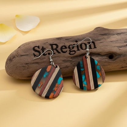 Multi-Colored Resin and Wood Silvertone Striped Pear Hook Earrings, silver drop earrings for women, front view