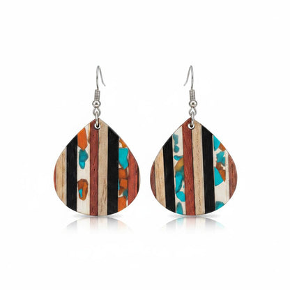 Multi-Colored Resin and Wood Silvertone Striped Pear Hook Earrings, silver drop earrings for women, everyday style, side view