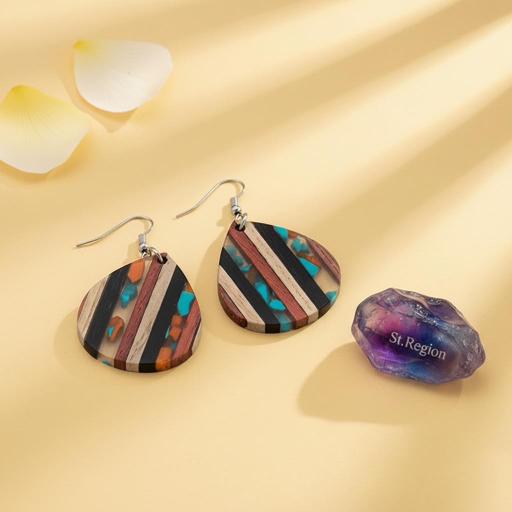 Multi-Colored Resin and Wood Silvertone Striped Pear Hook Earrings, silver drop earrings for women, detail close-up