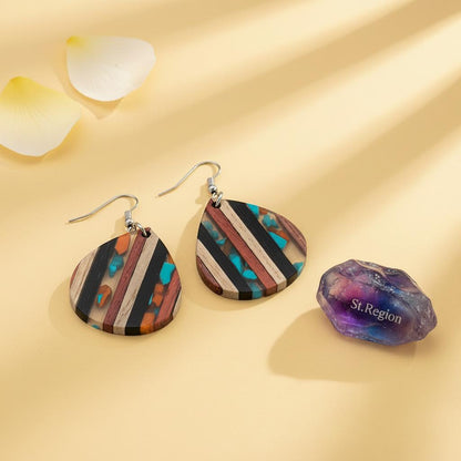 Multi-Colored Resin and Wood Silvertone Striped Pear Hook Earrings, silver drop earrings for women, detail close-up