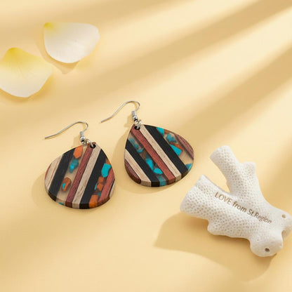 Multi-Colored Resin and Wood Silvertone Striped Pear Hook Earrings, silver drop earrings for women, lifestyle look