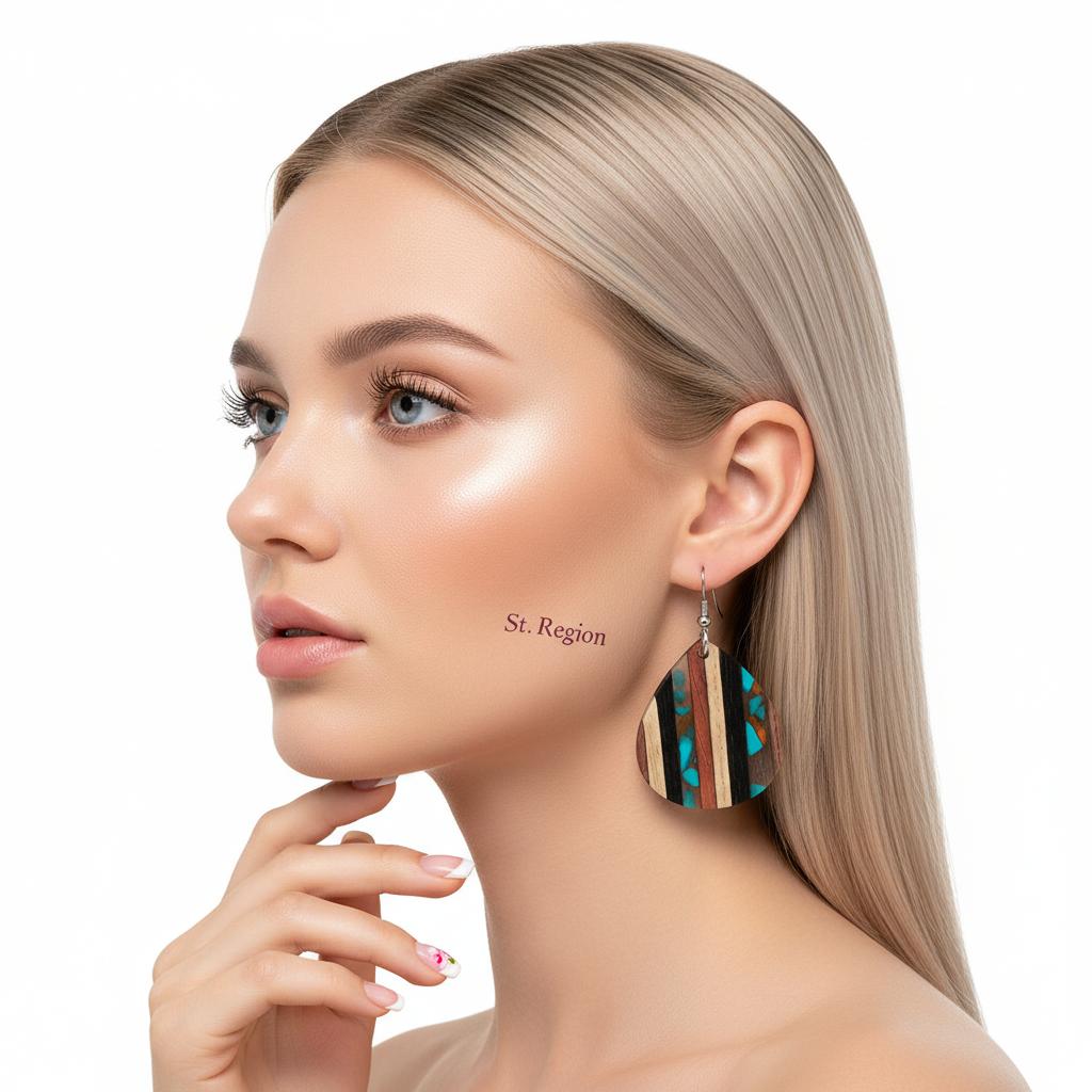 Multi-Colored Resin and Wood Silvertone Striped Pear Hook Earrings, silver drop earrings for women, styled look