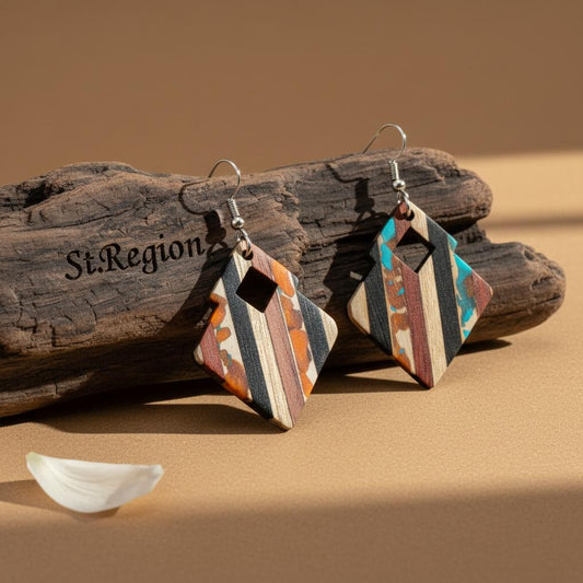 Multi-Colored Resin and Wood Silvertone Striped Stacked Square Hook Earrings, gold drop earrings for women, front view