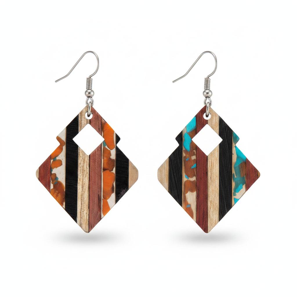 Multi-Colored Resin and Wood Silvertone Striped Stacked Square Hook Earrings, silver drop earrings for women, side view