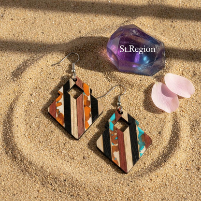 Multi-Colored Resin and Wood Silvertone Striped Stacked Square Hook Earrings, silver drop earrings for women, detail close-up