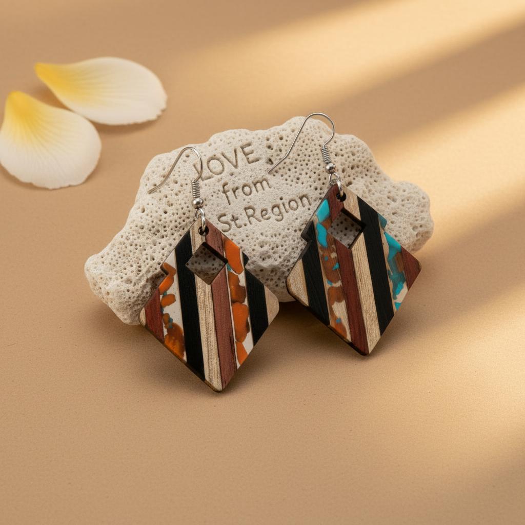 Multi-Colored Resin and Wood Silvertone Striped Stacked Square Hook Earrings, silver drop earrings for women, lifestyle look