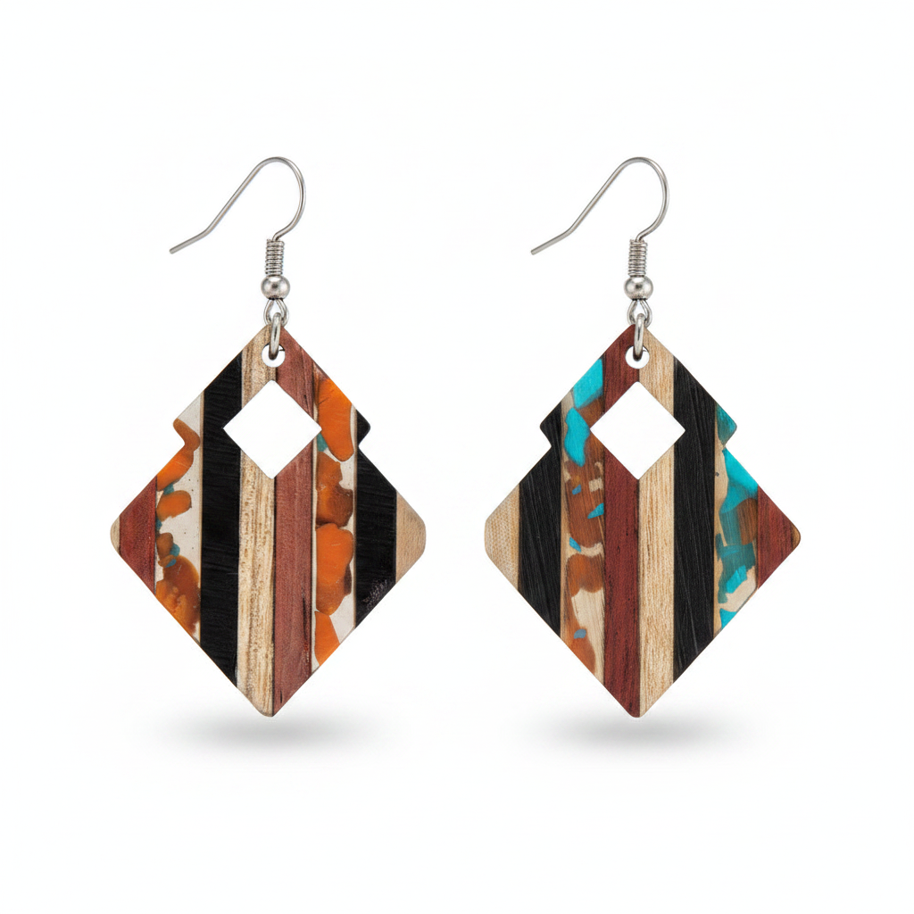 Multi-Colored Resin & Wood Silvertone Striped Stacked Square Hook Earrings - Street Region