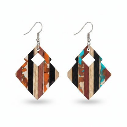 Multi-Colored Resin & Wood Silvertone Striped Stacked Square Hook Earrings - Street Region