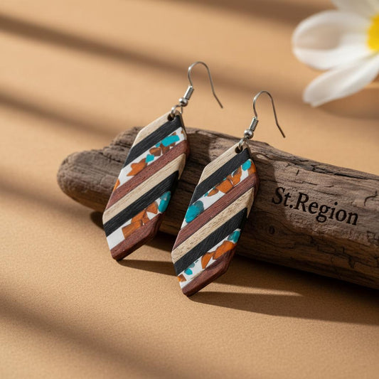 Multi-Colored Resin and Wood Silvertone Striped Hexagonal Hook Earrings, gold drop earrings for women, front view