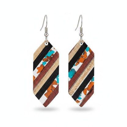 Multi-Colored Resin and Wood Silvertone Striped Hexagonal Hook Earrings, silver drop earrings for women, side view