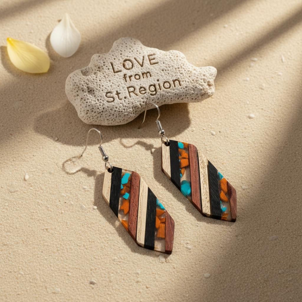 Multi-Colored Resin and Wood Silvertone Striped Hexagonal Hook Earrings, silver drop earrings for women, lifestyle look